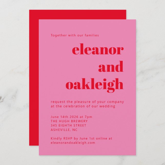 Bold Typography Pink Red Modern Chic Wedding Invitation (Front/Back)