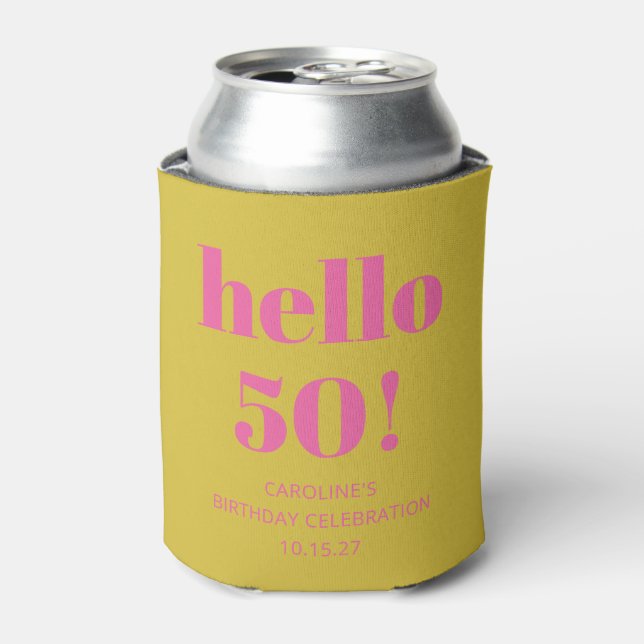 Bold Typography Pink Yellow Modern 50th Birthday Can Cooler (Can Front)