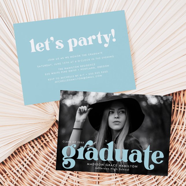 Bold Typography Sky Blue Photo Graduation Party Invitation (Creator Uploaded)