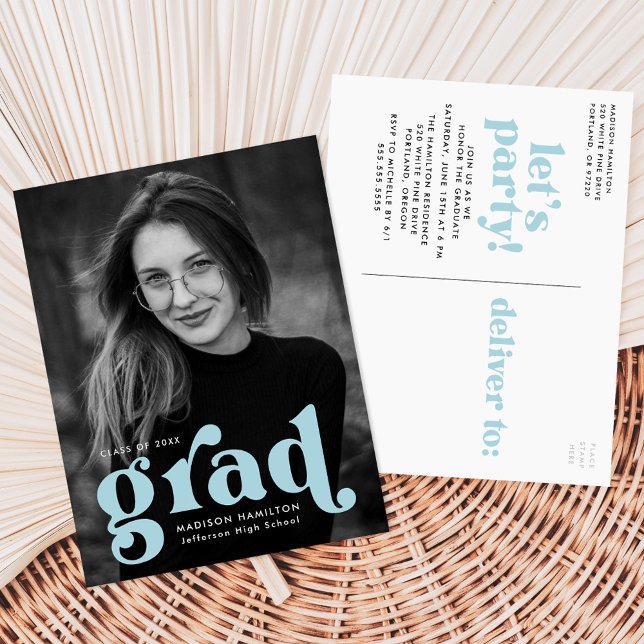 Bold Typography Sky Blue Photo Graduation Party Invitation Postcard (Creator Uploaded)