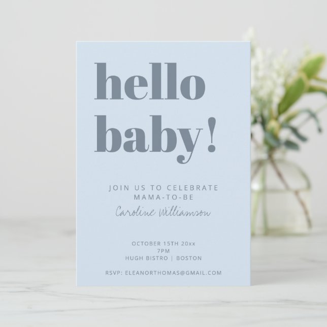 Bold Typography Soft Blue Modern Baby Shower Invitation (Standing Front)