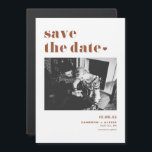 Bold Typography Terracotta Photo Save the Date Magnetic Invitation<br><div class="desc">Make a bold first impression with this customisable photo Save the Date magnet featuring terracotta retro typography on a clean layout. Upload your favourite photo and personalise it with your names, wedding date, and location for a vintage-inspired announcement that stands out. The retro type design adds a nostalgic yet stylish...</div>