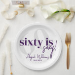 Bold Typography w/ Calligraphy 60th Birthday Party Paper Plate<br><div class="desc">Bold typography with calligraphy 60 is nifty birthday party napkins in purple and white.  All text is completely customisable and matches our other sixty is sexy products.</div>