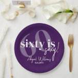 Bold Typography w/ Calligraphy 60th Birthday Party Paper Plate<br><div class="desc">Bold typography with calligraphy 60 is nifty birthday party napkins in purple and white.  All text is completely customisable and matches our other sixty is sexy products.</div>