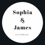Bold Typography White Minimalist Wedding Classic Round Sticker<br><div class="desc">Easily personalise by replacing each info. Make sure to check the preview before adding to cart. View the collection link on this page to see all of the matching items in this design</div>