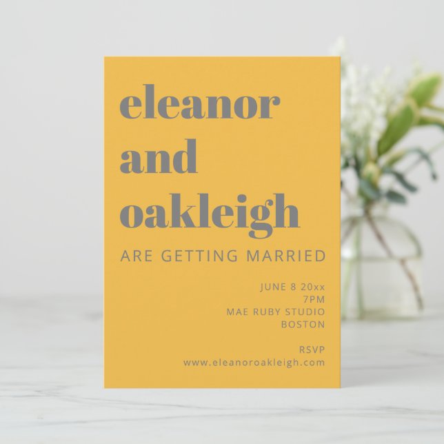 Bold Typography Yellow and Grey Modern Wedding Invitation (Standing Front)