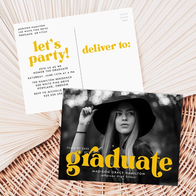 Bold Typography Yellow Photo Graduation Party Invitation Postcard (Creator Uploaded)