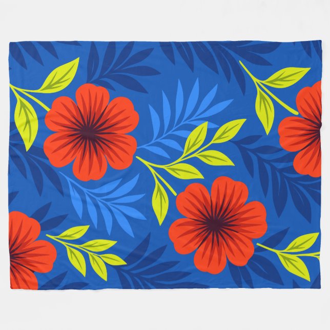 Bold Vermilion Red Florals with Elegant Leaves Fleece Blanket (Front (Horizontal))