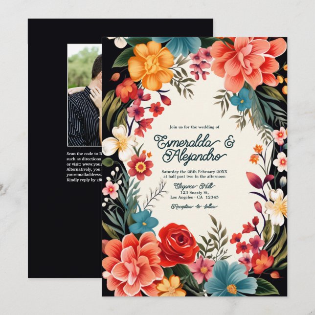 Bold Vibrant Floral Fiesta Wedding Photo & QR Code Invitation (Front/Back)