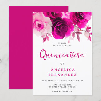 Bold Vibrant Fuchsia Pink Rose Quinceanera Party Invitation