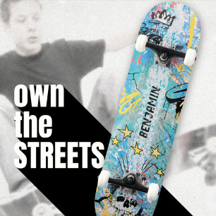 Bold Vibrant Urban Graffiti Skull Skateboard