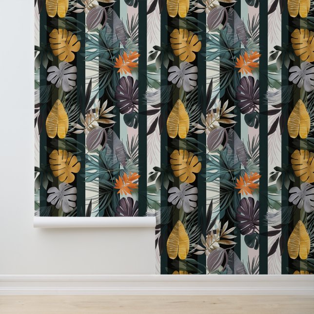 Bold vibrant vertical stripes with plant leaves wallpaper (Application)