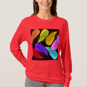 Bold Vivid Wild Coloured Feathers On Black T-Shirt
