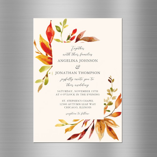 Bold Watercolor Autumn Leaves Cream Wedding Magnetic Invitation (Creator Uploaded)
