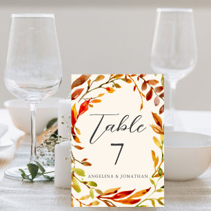 Bold Watercolor Autumn Leaves Wedding Table Number