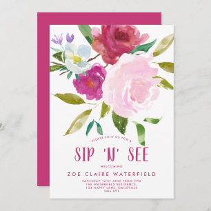 Bold Watercolor Floral Sip 'n' See Invitation