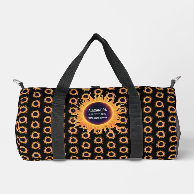 Bold Watercolor Total Solar Eclipse 2026 Name Duffle Bag (Front)