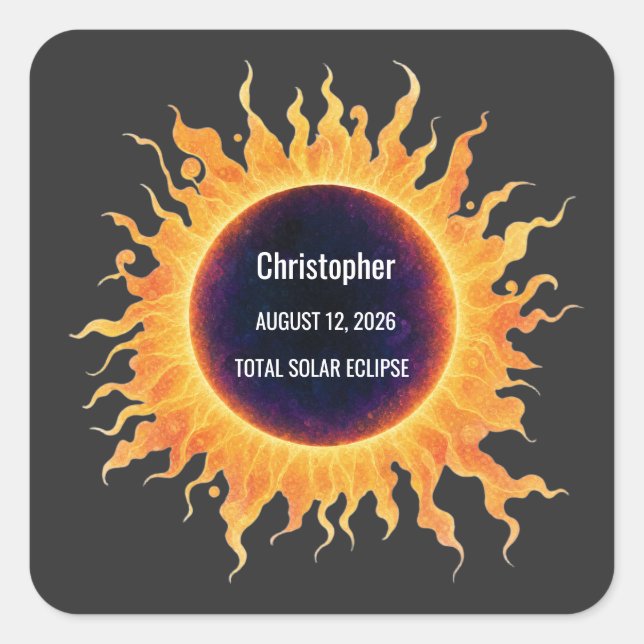 Bold Watercolor Total Solar Eclipse 2026 Name Square Sticker (Front)