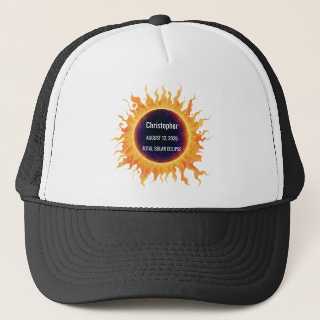 Bold Watercolor Total Solar Eclipse 2026 Name Trucker Hat (Front)