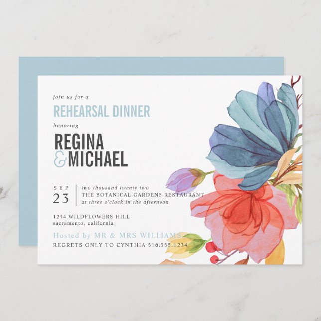 Bold Watercolor Wildflowers aqua Rehearsal Dinner Invitation (Front/Back)