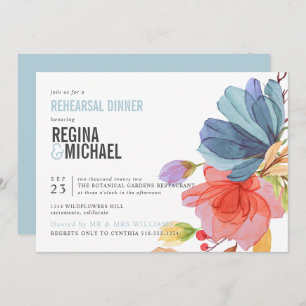 Bold Watercolor Wildflowers aqua Rehearsal Dinner Invitation