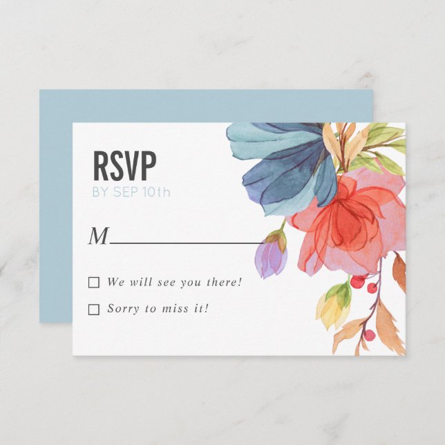 Bold Watercolor Wildflowers Aqua wedding RSVP Invitation (Front/Back)