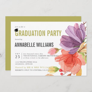 Bold Watercolor Wildflowers Green Graduation Party Invitation