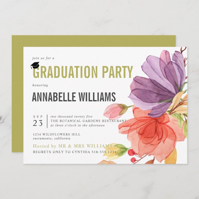 Bold Watercolor Wildflowers Green Graduation Party Invitation (Front/Back)