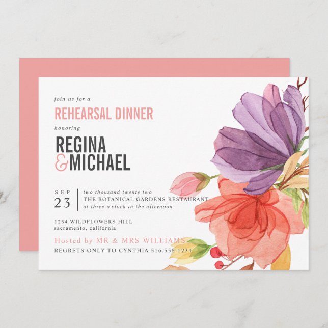 Bold Watercolor Wildflowers Pink Rehearsal Dinner Invitation (Front/Back)