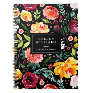 Bold watercolors flowers collage pattern notebook