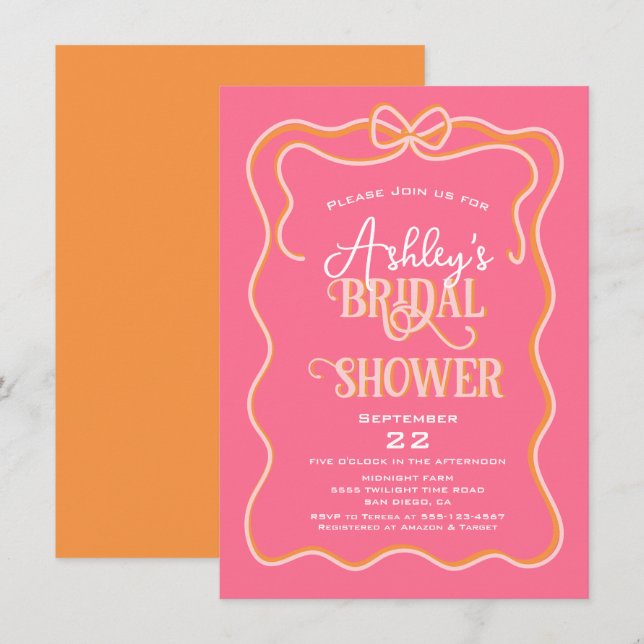 Bold Wavy Frame Bow Pink Orange Bridal Shower Invitation (Front/Back)