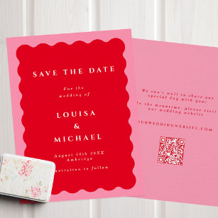 Bold Wavy Red & Pink QR Code Wedding Save The Date