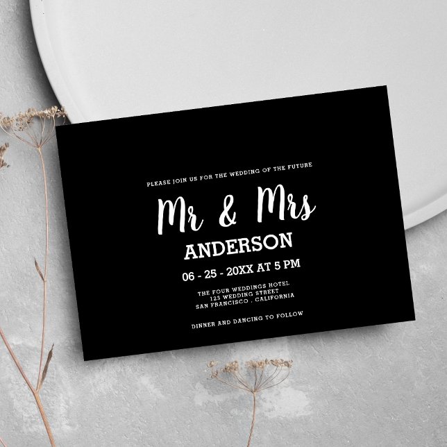 Bold white black handwritten script MR MRS wedding Invitation (Bold white black handwritten script MR MRS wedding )