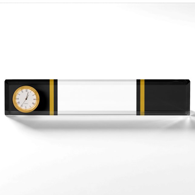 Bold White Brown Racing Stripes On Black Clock Nameplate (Front)