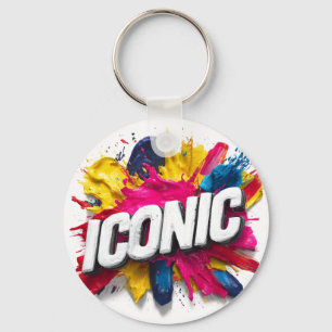 Bold White "ICONIC" Text Colorful Paint Splatter Key Ring