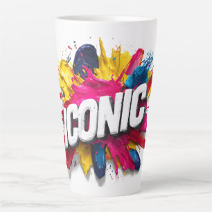 Bold White "ICONIC" Text Colorful Paint Splatter Latte Mug