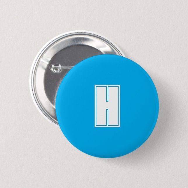 Bold white initial bright blue 6 cm round badge (Front & Back)