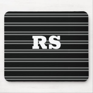 Bold White Monogram, Grey Lines on Black Mouse Pad