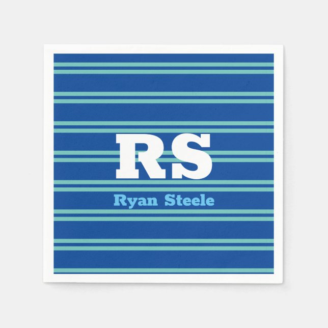Bold White Monogram, Lt. Teal Lines on Deep Blue Napkin (Front)