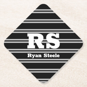 Bold White Monogram & Name, Lt Grey Lines on Black Paper Coaster