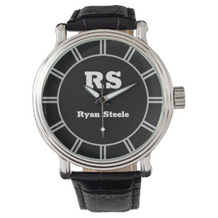 Bold White Monogram & Name, Lt Grey Lines on Black Watch