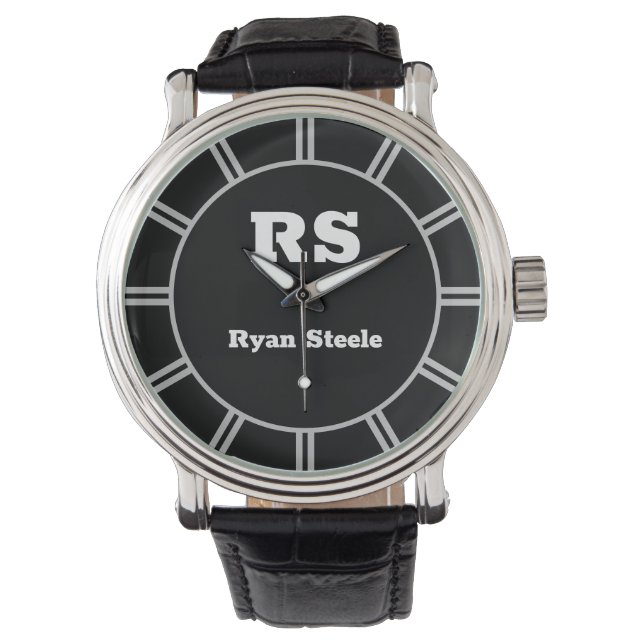 Bold White Monogram & Name, Lt Grey Lines on Black Watch (Front)