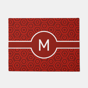 Bold White Monogram on Red Nested Hexagons Doormat