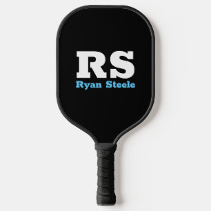 Bold White Monogram & Sky Blue Name on Black Pickl Pickleball Paddle