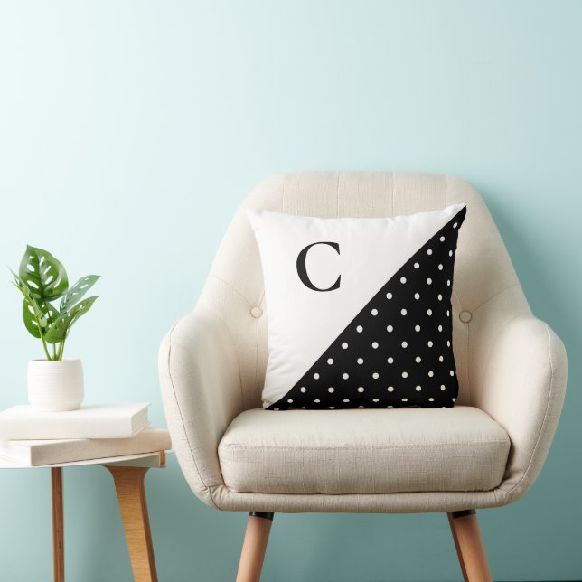 Bold White on Black Polka Dot Pattern Monogram Cushion (Chair)
