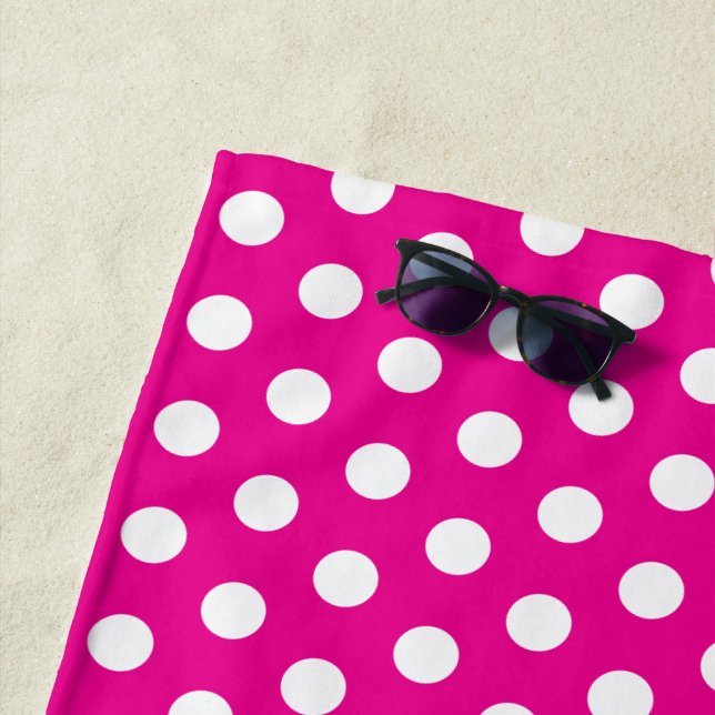 Bold White Polka Dots on Hot Pink Beach Towel (In Situ)