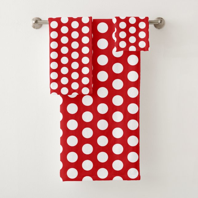 Bold White Polka Dots on Red Bath Towel Set (Insitu)