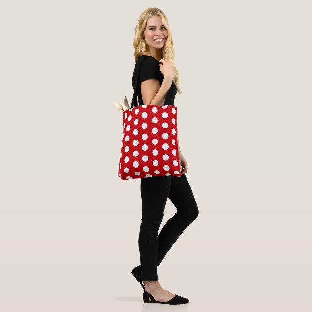 Bold White Polka Dots on Red Tote Bag (On Model)