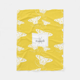 Bold White Simple Butterflies on Bright Yellow Fleece Blanket