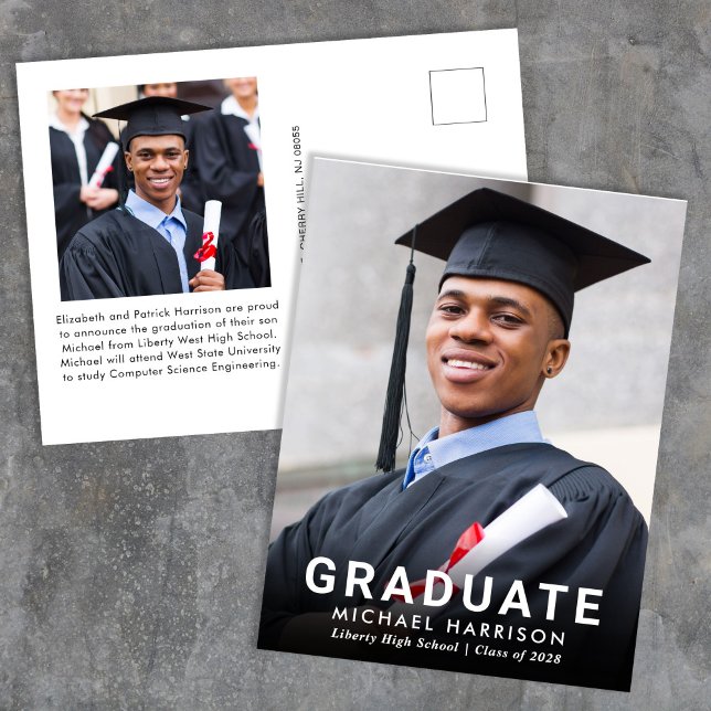 Bold White Typography Photo Graduation Announcement Postcard (Creator Uploaded)